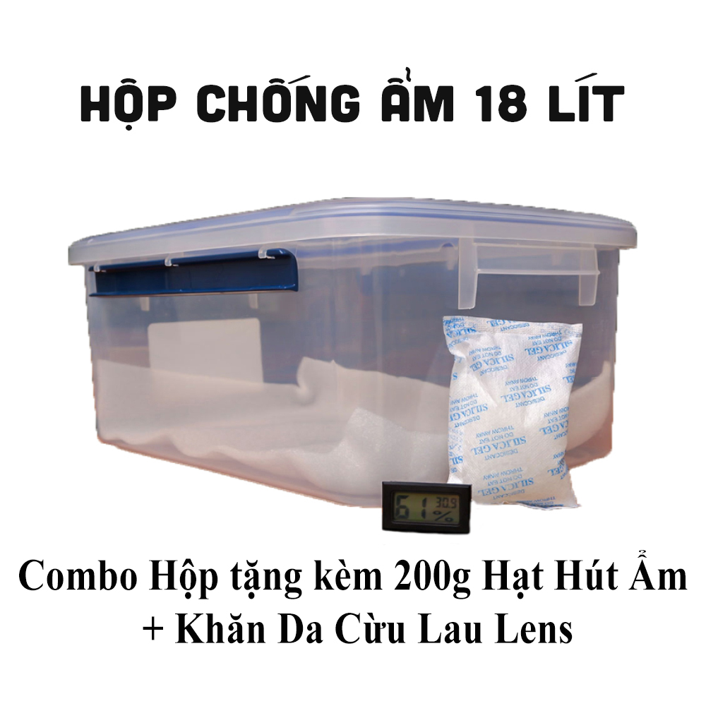 Combo hộp chống ẩm 18 Lít bảo quản máy ảnh tặng kèm khăn da cừu lau lens và 200g hạt hút ẩm