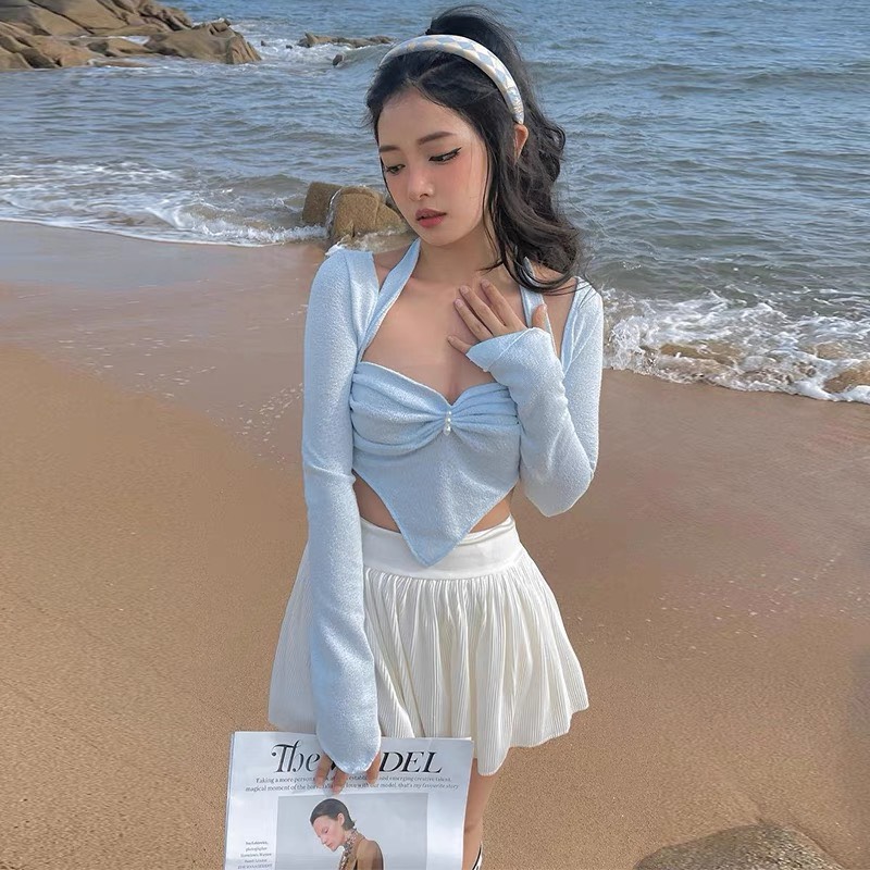 Áo croptop tay dài vạt nhọn PINKSTORE29 A5493 cổ hở quyến rũ