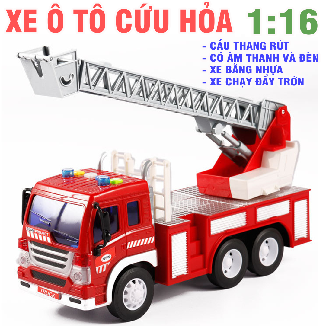 Xe ô tô cứu hộ chữa cháy có cầu thang rút - Đồ chơi trẻ em mô hình tỉ lệ 1:16 xe chạy đà có âm thanh và đèn