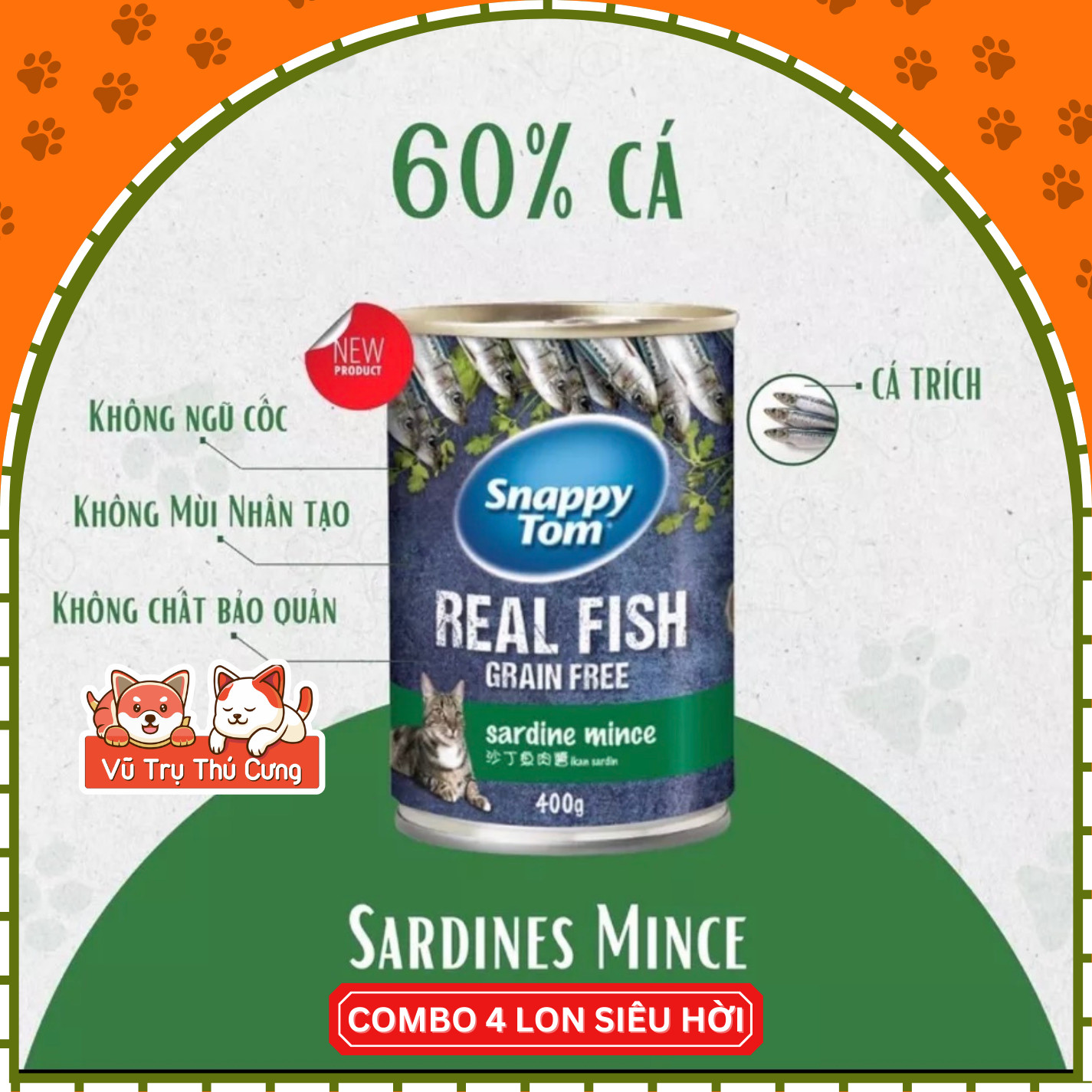 Combo 4 lon Pate Lon Snappy Tom Real Fish cho Mèo 400g với hàm lượng dinh dưỡng cao từ cá trích thật