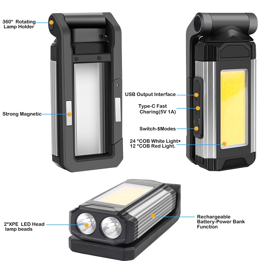 Super bright and practical led USB rechargeable magnetic charging light with magnetic suction clip adjustable LED work light delivery angle fast