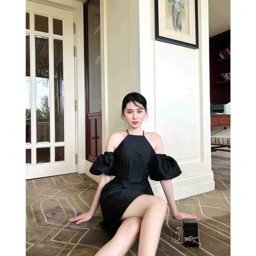 Đầm dự tiệc cổ yếm tay rớt chất phi dầy dặn - Rebecca