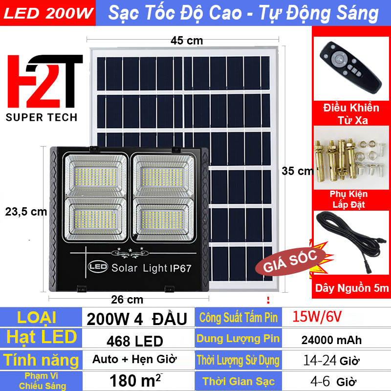 ĐÈN LED NĂNG LƯỢNG MẶT TRỜI 200W NÂNG CẤP - IP67 - CHỐNG BỤI BẨN - CHỐNG THẤM NƯỚC - KHUNG NHỐM - SẠ