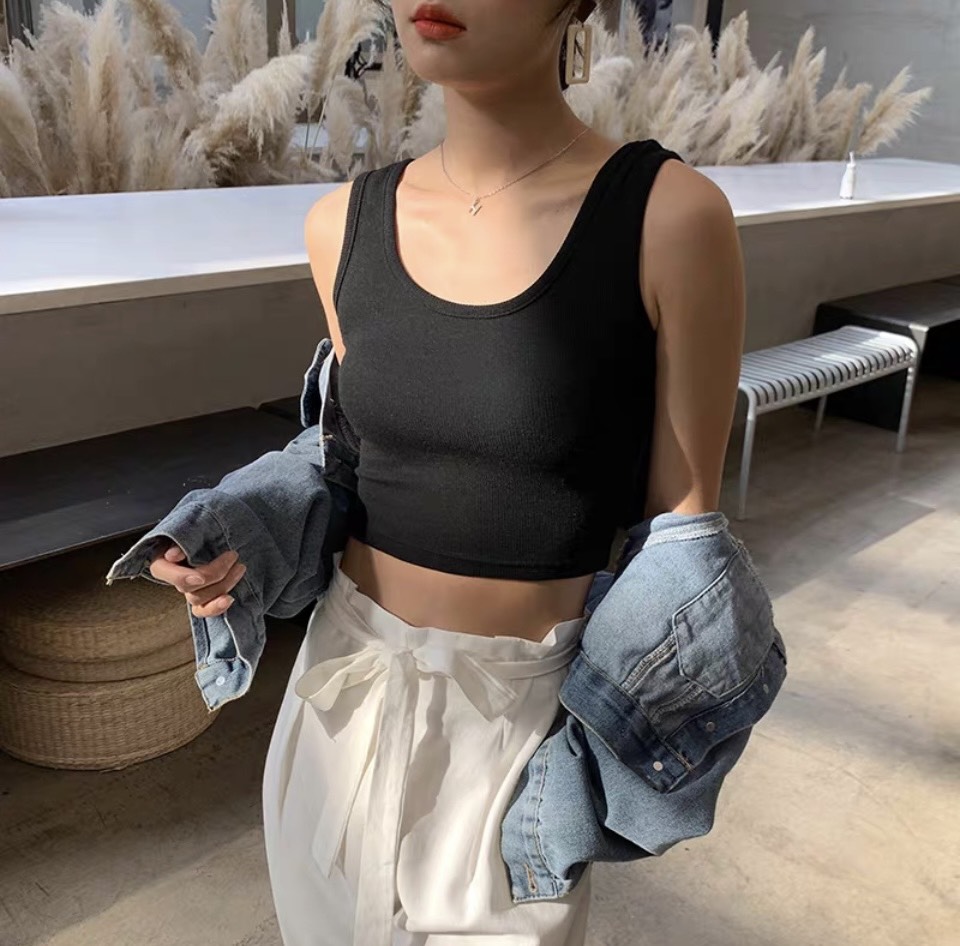 Áo croptop nữ ôm body cổ chữ U co dãn