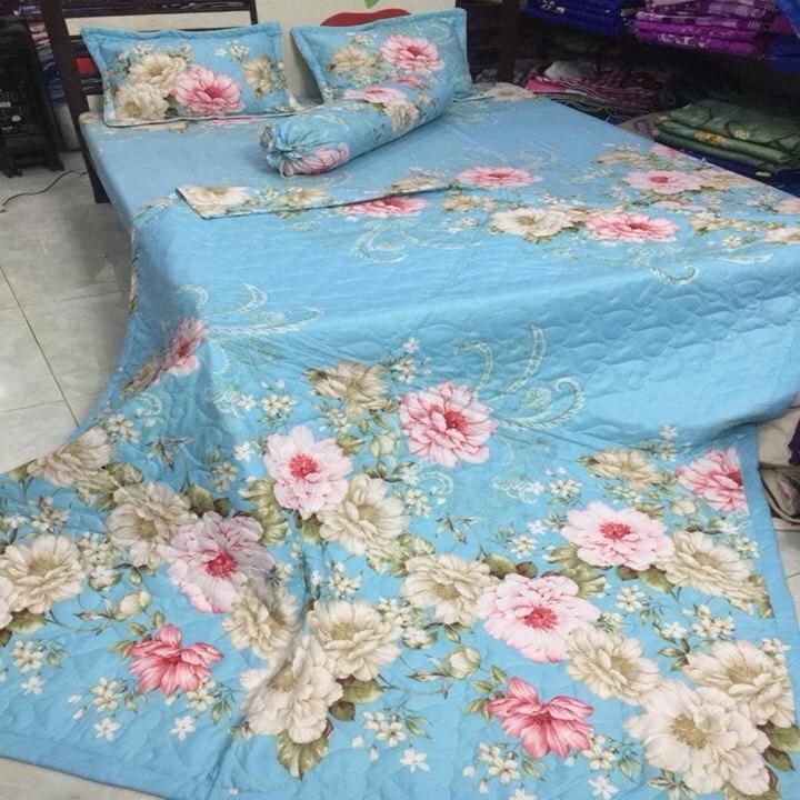 [HCM]Bộ chăn ga 5 món - 4 món cotton poly Hoa Trà Xanh ( 1m6 x 2m ) - ( 1 drap + 1 vỏ gối ôm + 2 vỏ gối nằm + 1 chăn hè )