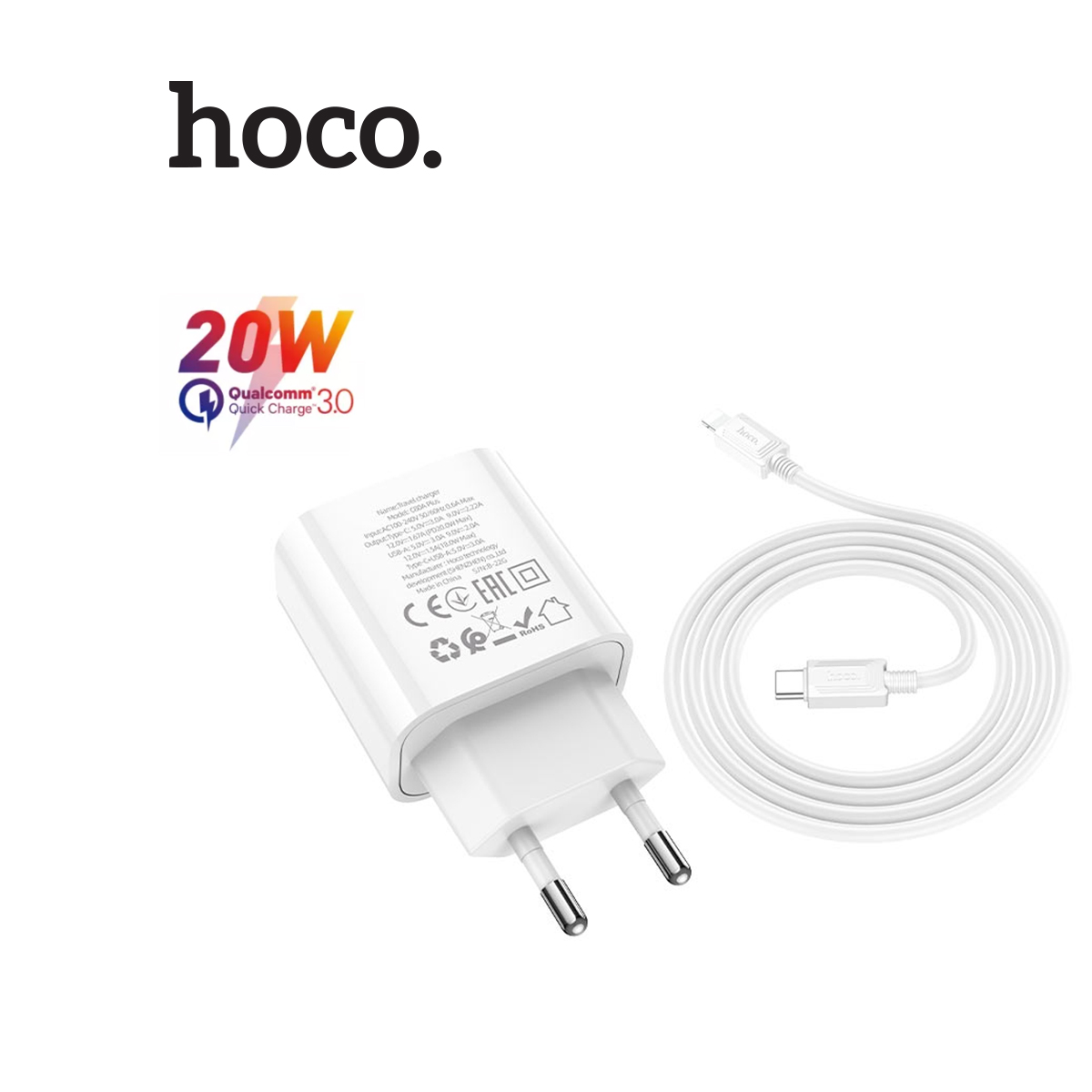 Bộ sạc nhanh hoco c80a plus pd20w+qc3 1 cổng usb và 1 cổng typec chân tròn, kèm dây cáp type-c to type-c dài 1m