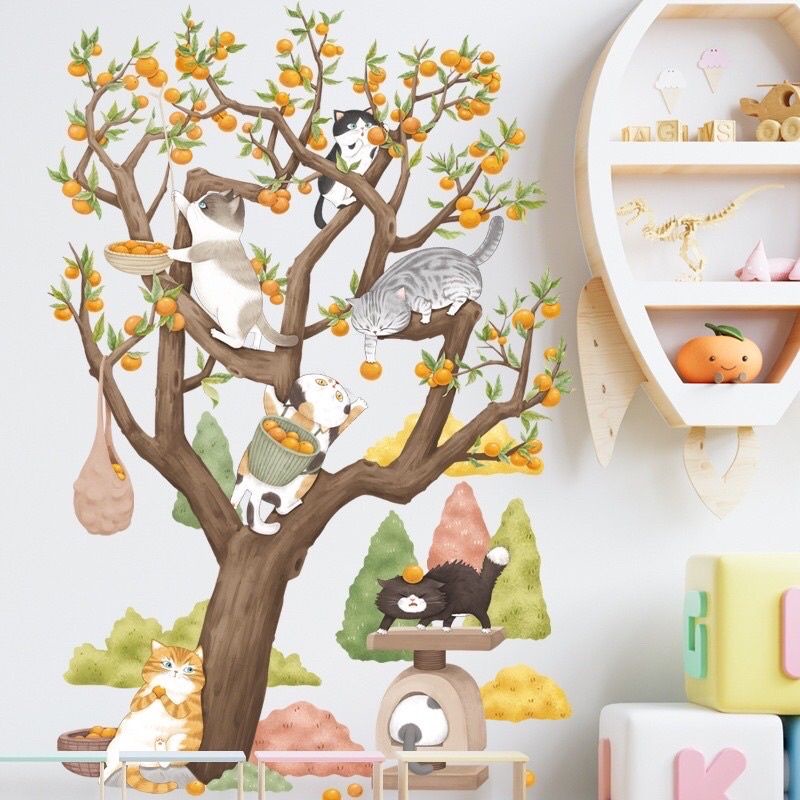 Decal dán tường sẵn keo, mèo hái quả