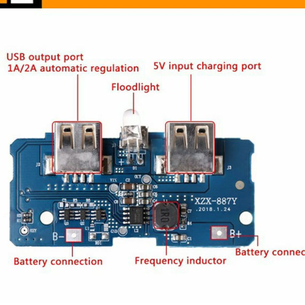Mạch Sạc Dự Phòng 2 Ngõ ra USB(1A và 2A) đèn báo pin