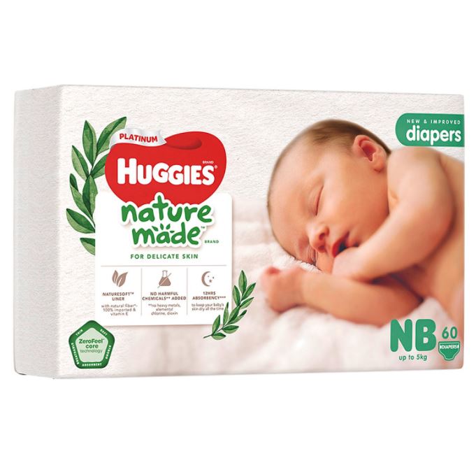 [ĐH999k tặng túi cao cấp] Tã dán siêu Cao Cấp Huggies Nature Made Newborn NB60 (60 Miếng)