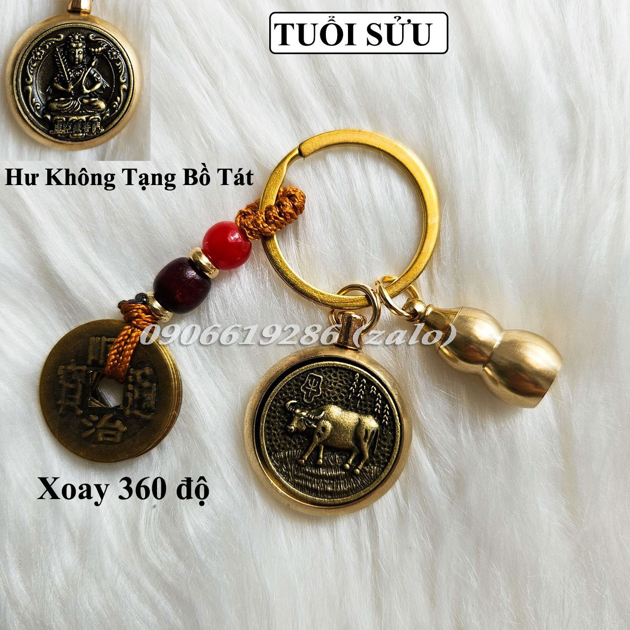 Móc khoá Đồng Thau mặt xoay 360 độ 12 con giáp và 8 Phật bản mệnh, bình hồ lô chiêu tài, xu Ngũ Đế, cát chu sa