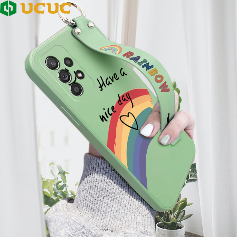 UCUC Casing Case For Samsung Galaxy A52S 5G Samsung a52s 5g Case (With Wristband) Rainbow Smile Girls Phone Case Square Edge Liquid Silicone Casing Full Cover Camera Shockproof Protection Cases