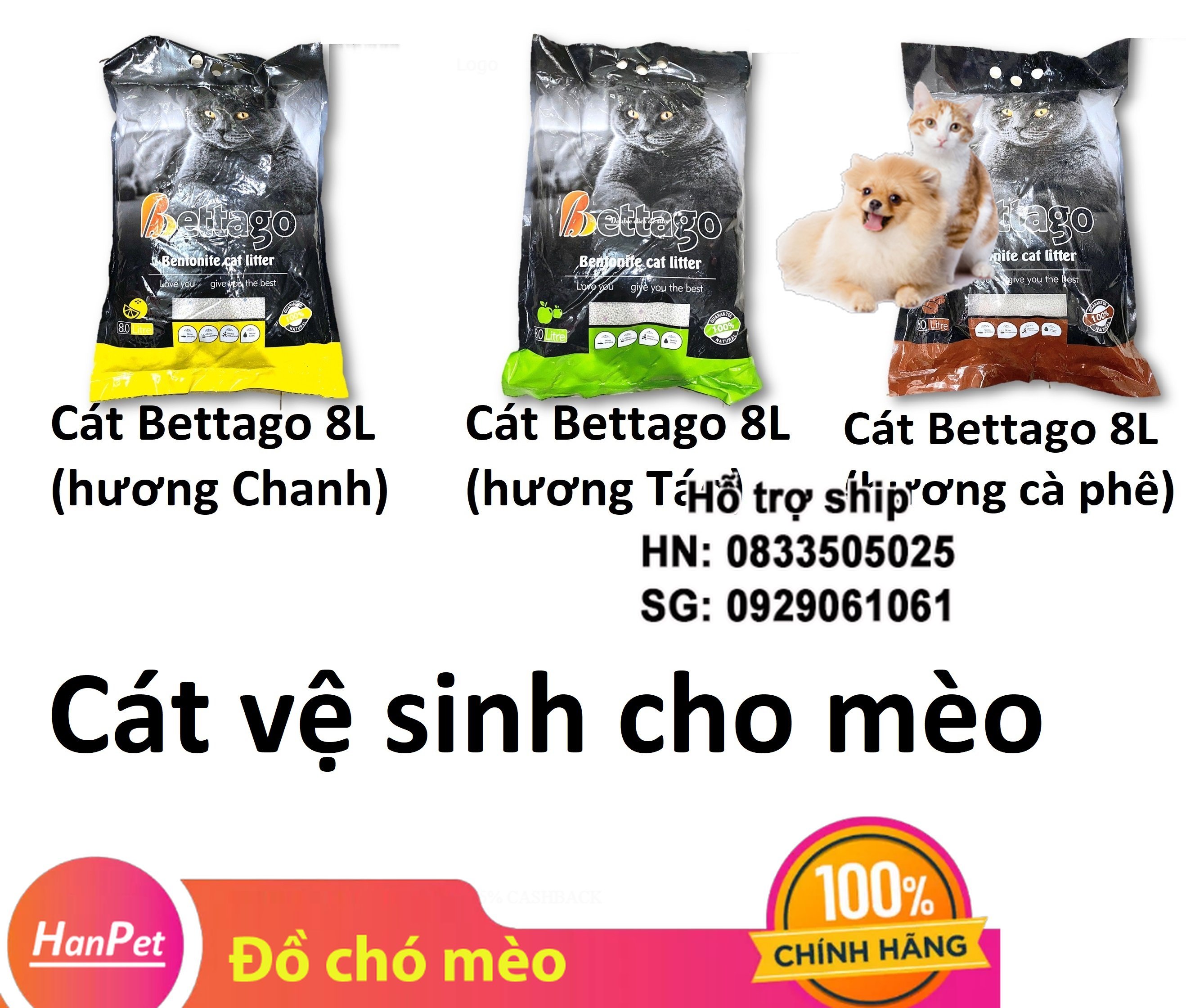 Hanpet - Cát vệ sinh cho mèo 2 loại betago 8L ABosS loại đất sét dễ vón cục, ít bụi, khử mùi hôi