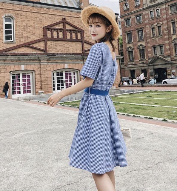 [HCM]Đầm caro xanh nút xanh kèm belt