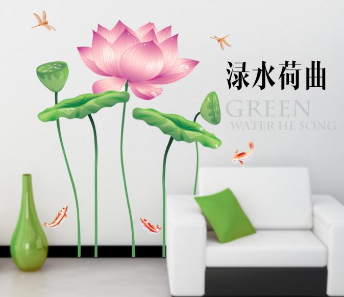 Decal trang trí tường - Sen Hồng mỏng và đán cá KOI nhỏ