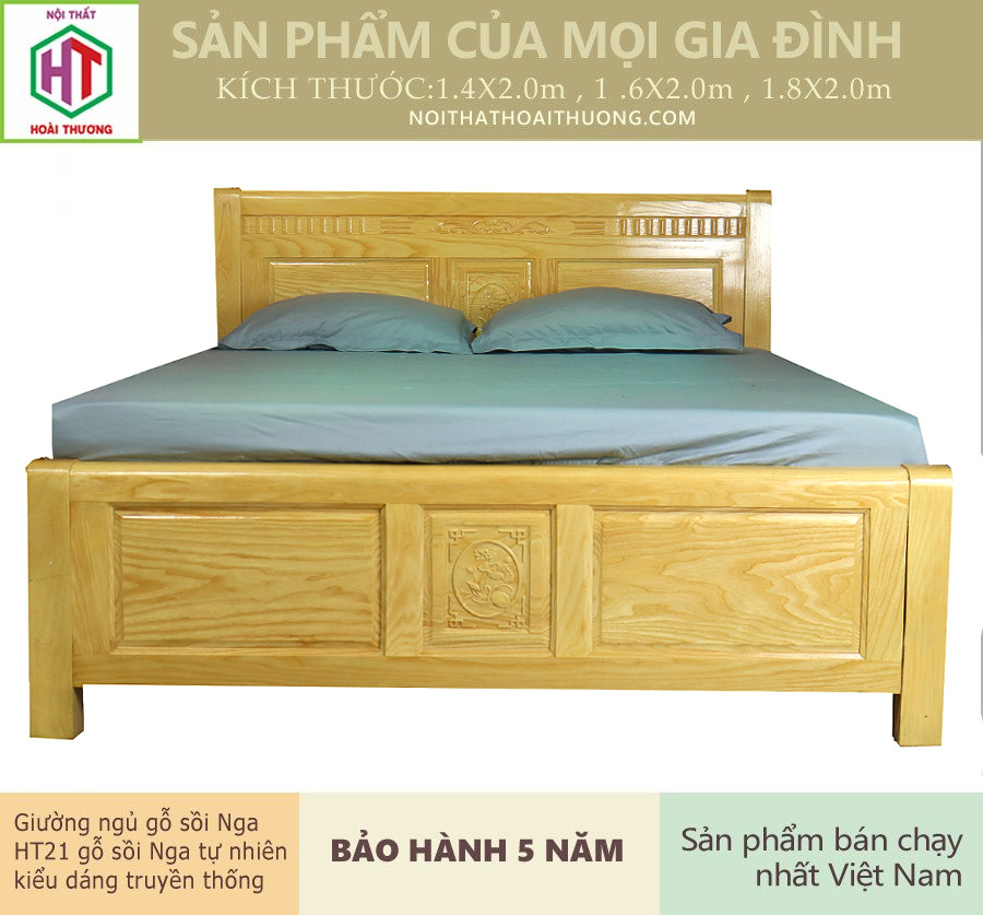 Giường ngủ ht21 gỗ sồi nga nguyên khối kiểu truyền thống