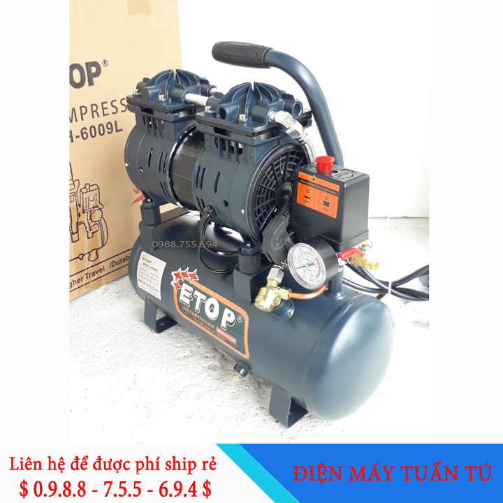 Máy khí nén ETOP không dầu 9 lít  không ồn moto dây đồng 100% - Máy nén khí Mini 9 lít dây đồng 100%
