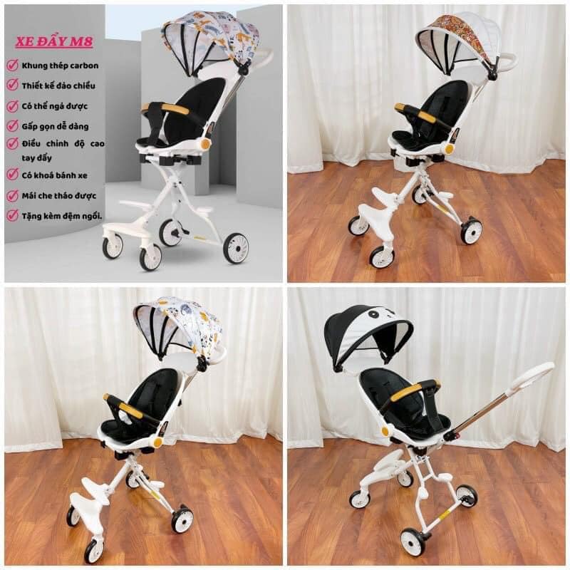 Xe Đẩy du lịch 2 chiều - 2 tư thế nằm hoặc ngồi cao cấp M8 - Tặng kèm đệm và mái che