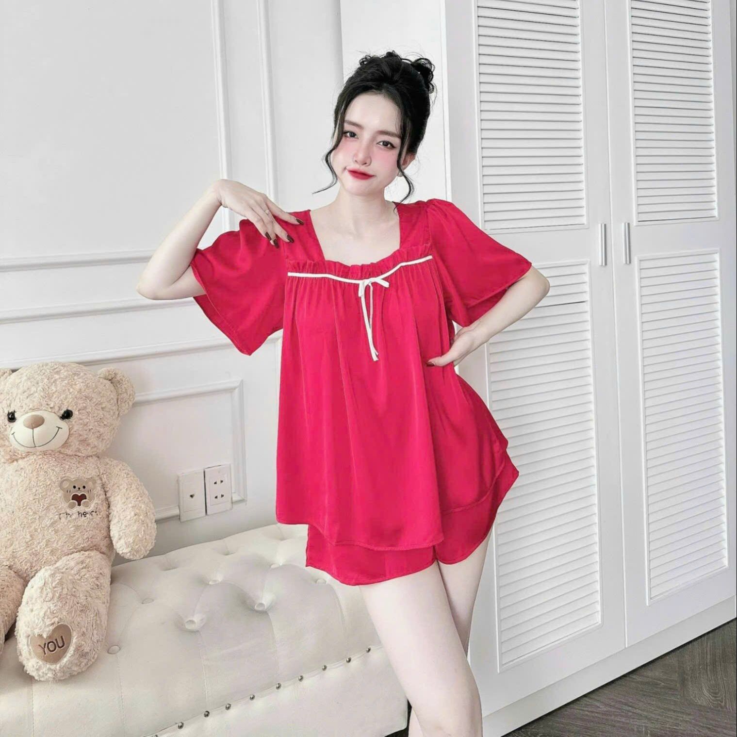 Bộ ngủ lụa bigsize đồ mặc nhà cho nữ 50-100kg mềm mát cổ vuông chất lụa latin đồ măc hè