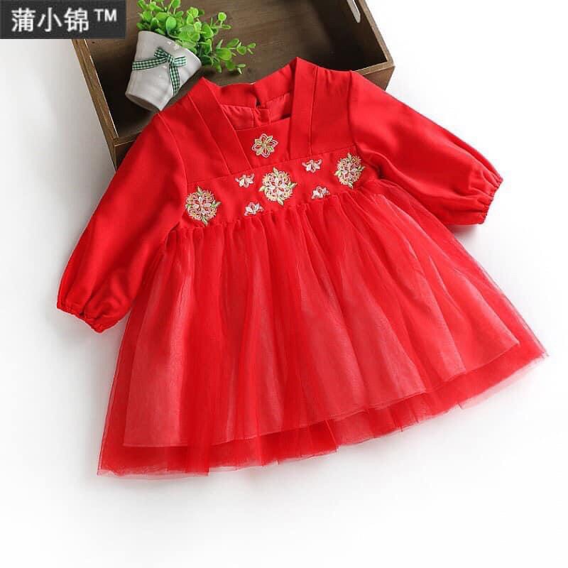 Váy (Đầm) Đỏ Gấm Ren Thêu Hoa Kiểu Hàn(8-22Kg)