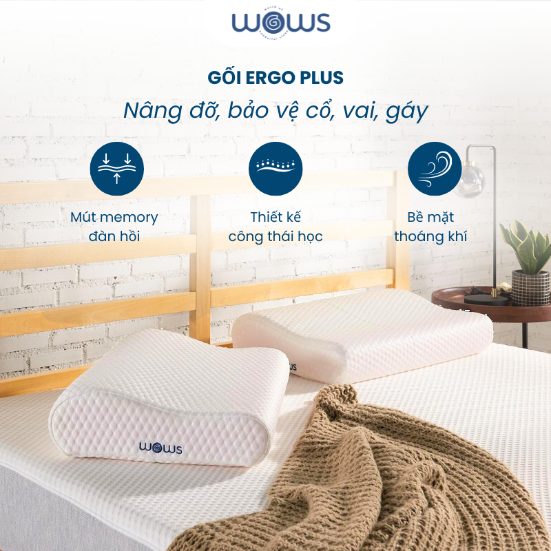 WOWS - Gối Memory Foam Cao Cấp Ergo+ - Gối Công Thái Học Nâng Đỡ Cổ Vai Gáy - Thiết Kế Lượn Sóng