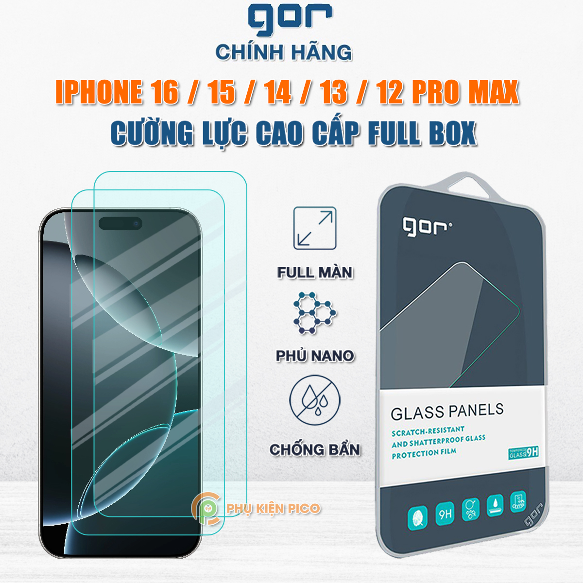 Kính cường lực Iphone 16 Pro Max / 15 Pro Max / 14 Plus / 13 Mini / 12 Pro / 11 / Xs full màn hình trong suốt hãng GOR
