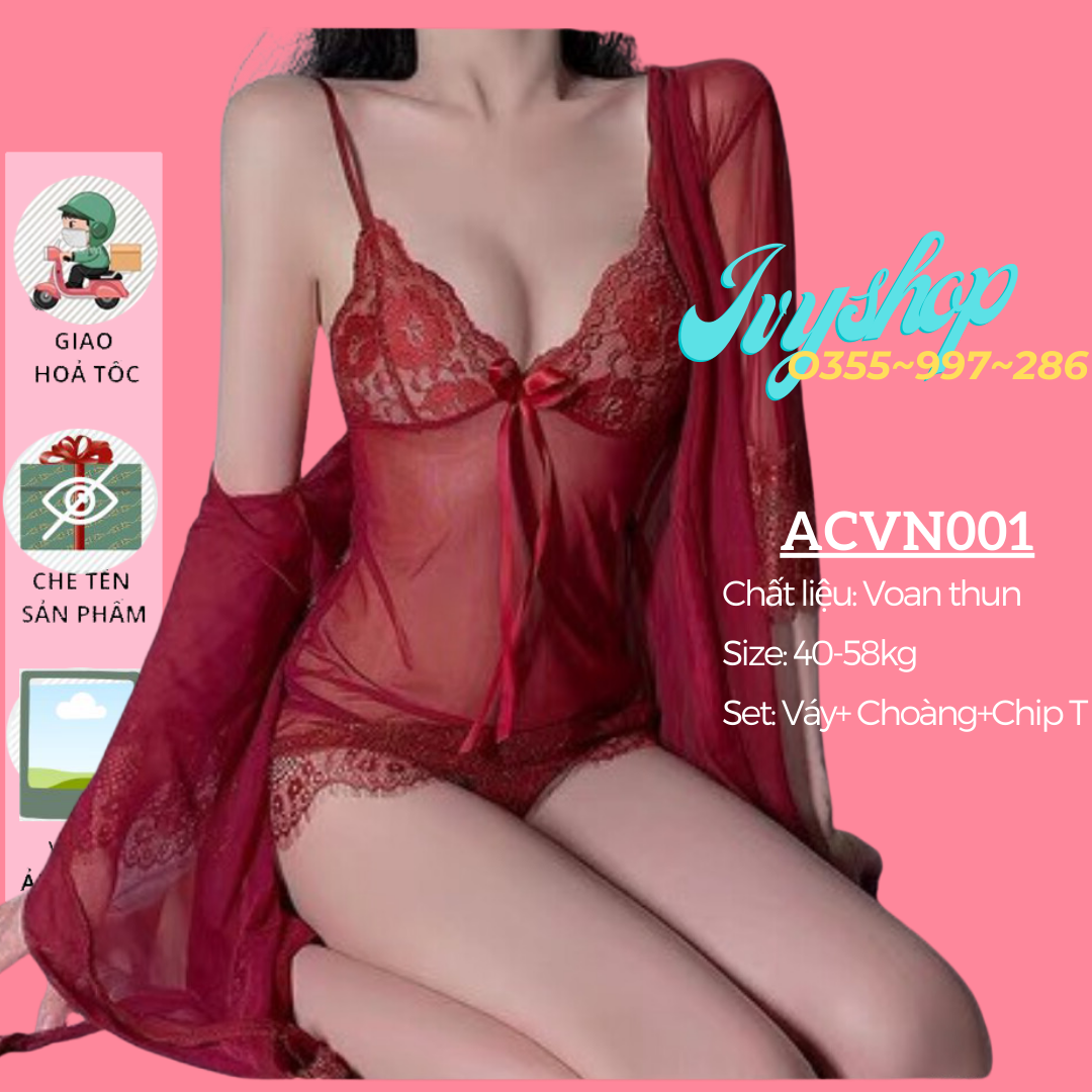 Set váy ngủ sexy áo choàng kèm váy cao cấp - bộ đồ ngủ sexy áo choàng gợi cảm đẹp đỉnh - acvn001