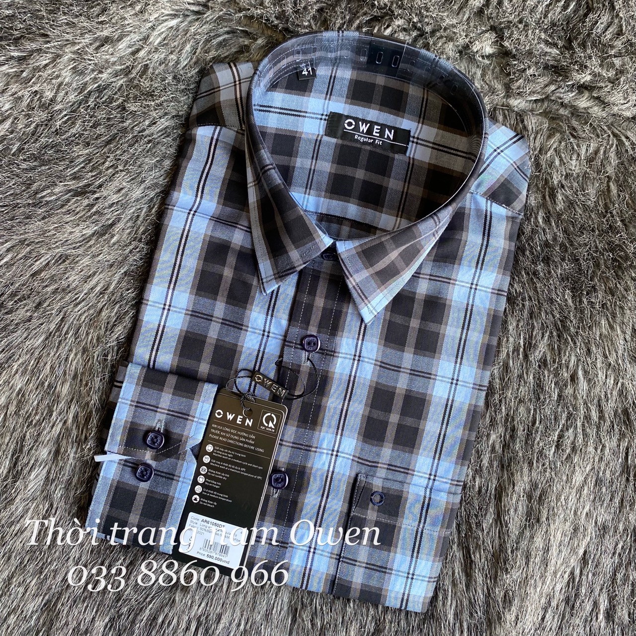 OWEN - Áo sơ mi dài  tay Owen Regular fit chất sợi tre kẻ ca rô 61050