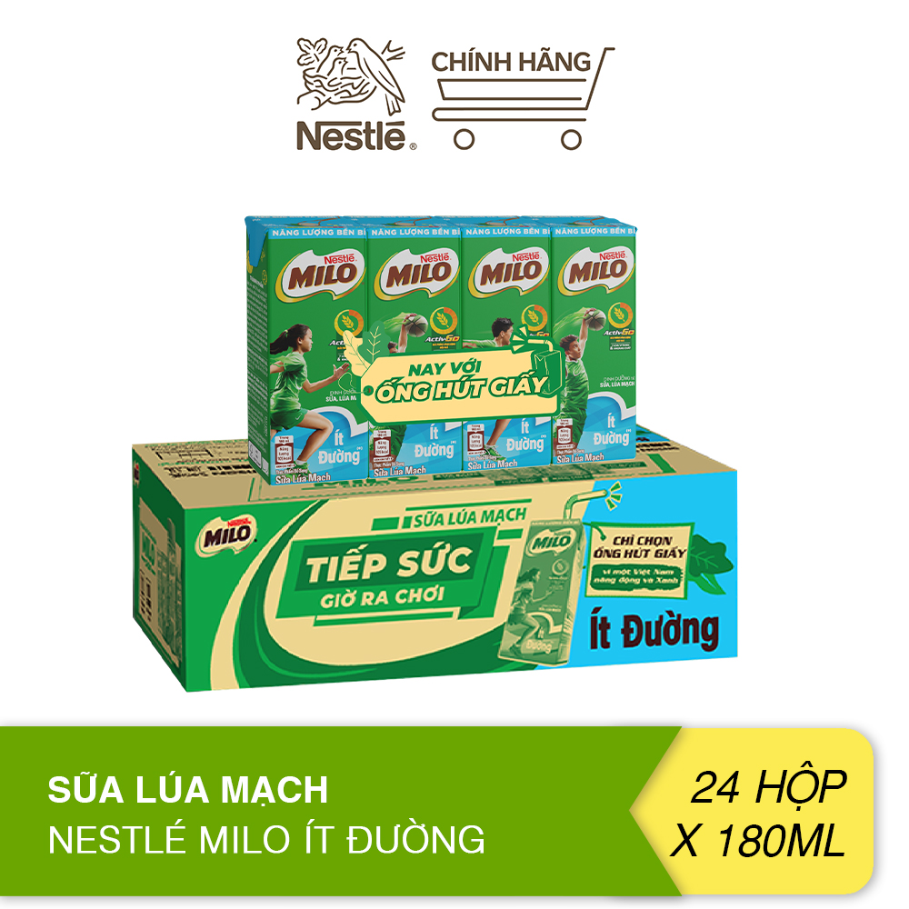 Phiên bản ống hút giấy Sữa lúa mạch Nestlé MILO ít đường thùng 48 hộp x