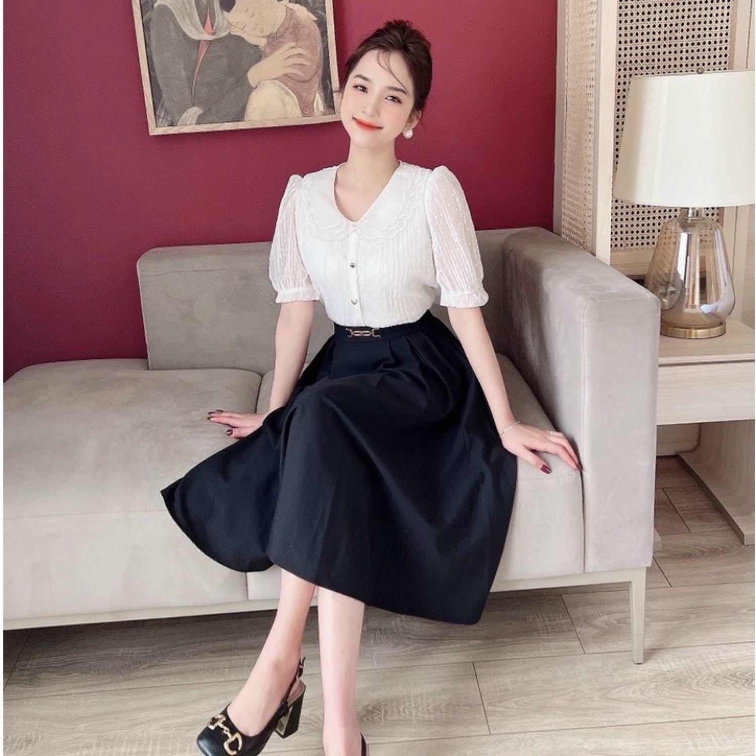 [ lᴏại 1] Áo sơ mi nữ kiểu cổ tròn bánh bèo, Tay áo lỡ bồng phong cách tiểu thư nhẹ nhàng