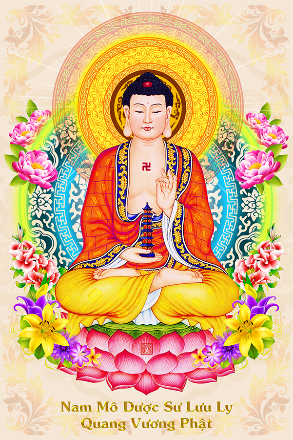 Tranh Phật Dược Sư Lưu Ly Quang Vương Phật kèm khung b2