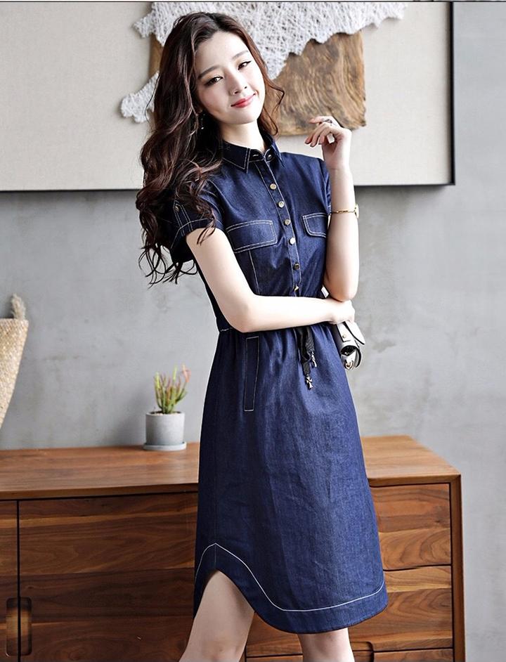 [HCM]Đầm Jean Nữ Ngắn Tay Cổ Bẻ Lai Bầu