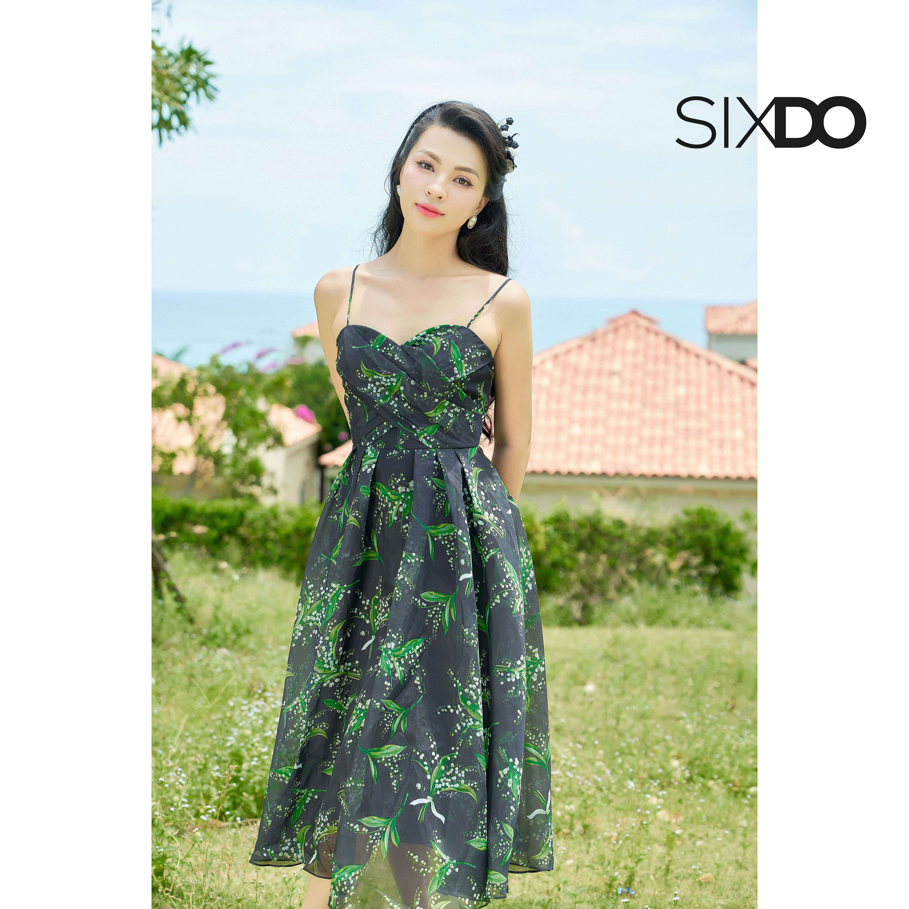 Đầm hai dây tơ organza hoa linh lan SIXDO