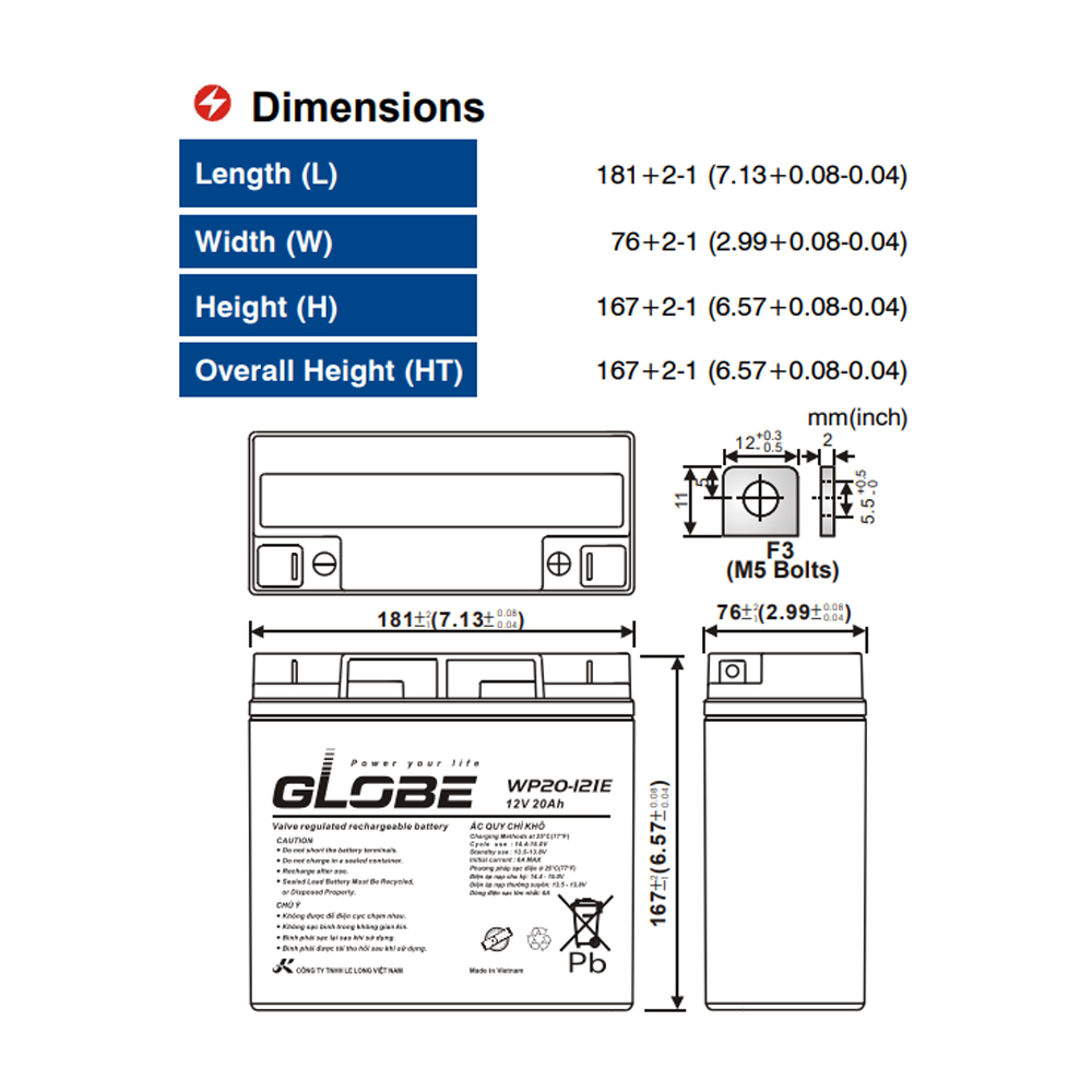 Ắc Quy Kín Khí (VRLA AGM) GLOBE 12V-20AH (20HR), WP20-12IE, F3-M5 - Hàng Chính Hãng