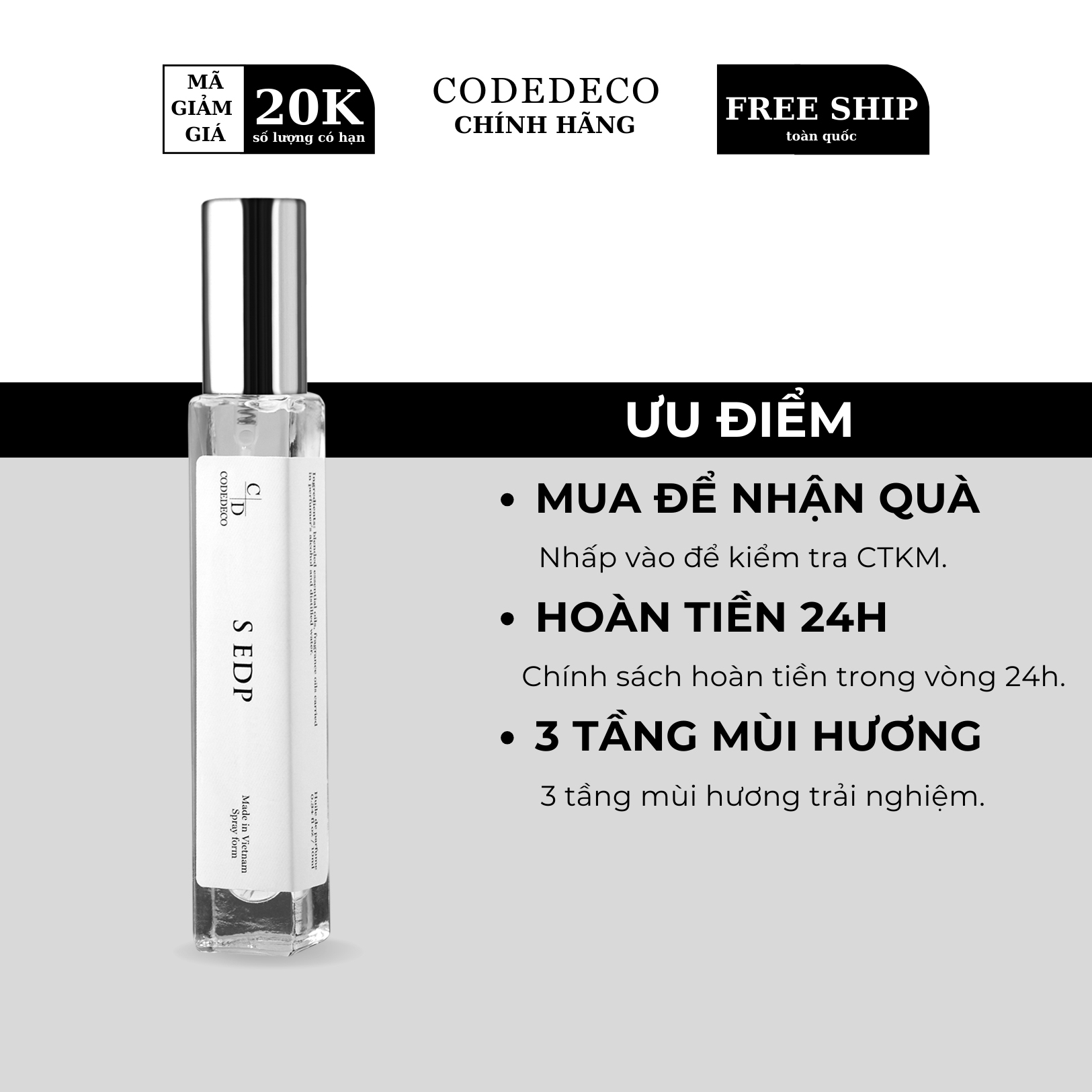 Tinh dầu nước hoa CODEDECO S EDP 10ml, bí ẩn, sang trọng