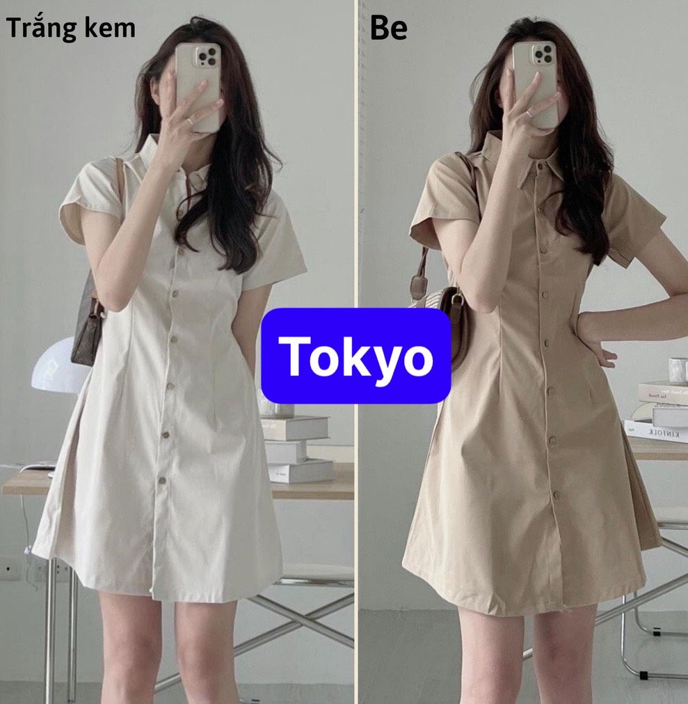 Đầm váy nữ cổ sơ mi cài cúc chiết eo lưng chun, váy nữ mặc tôn dáng phong cách hot trend - tokyo fashion