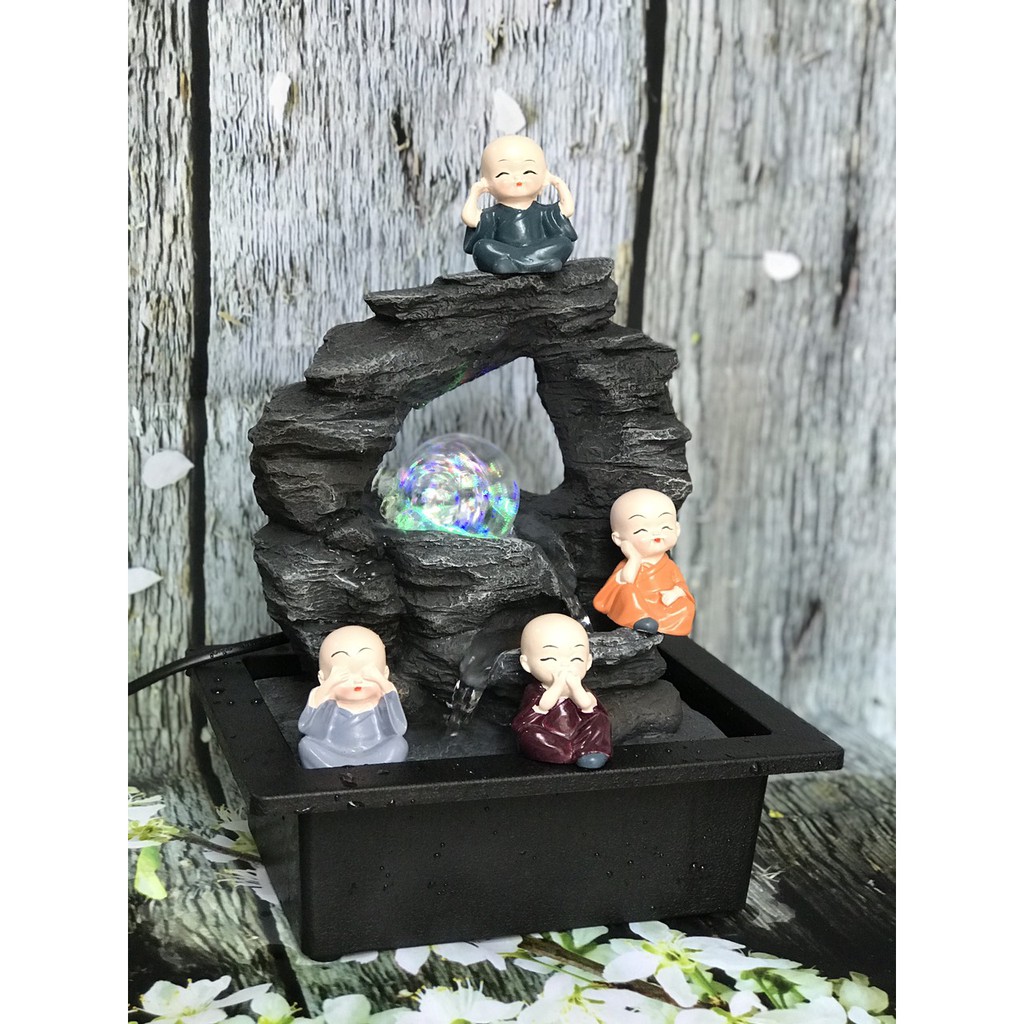 Thác nước mini để bàn – thuỷ luân + 4 chú tiểu
