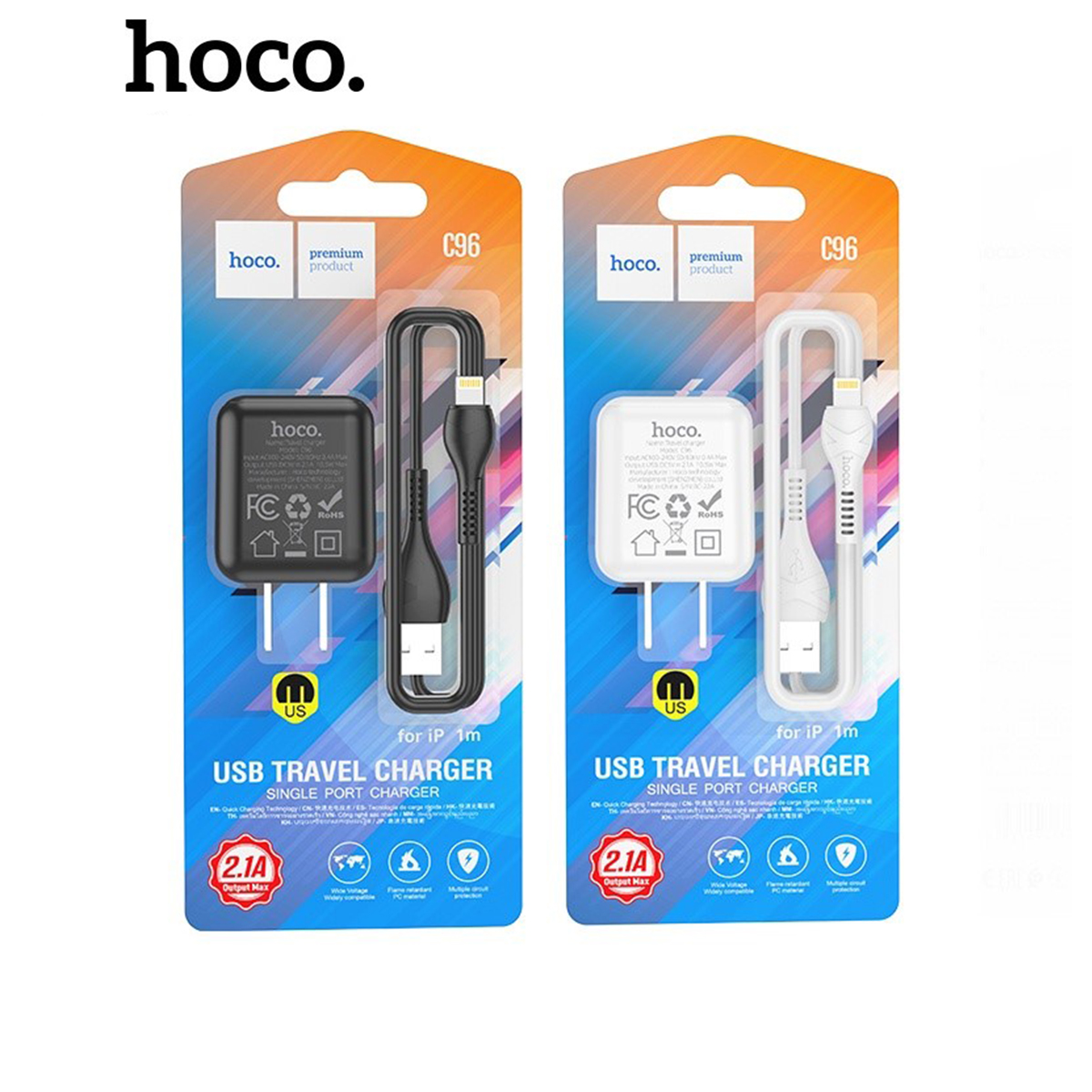 Bộ sạc Hoco C96 - 5V/2.1A kèm dây sạc iPhone, Micro, TypeC - Chính hãng