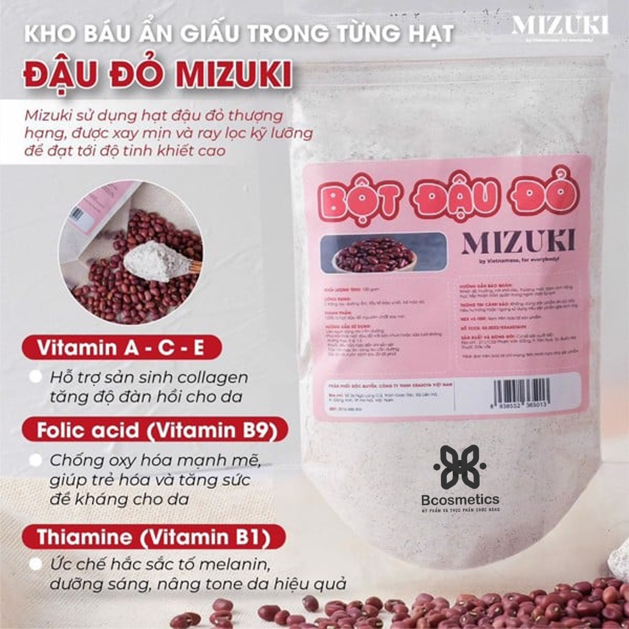 Bột Đậu Đỏ Mizuki Nguyên Chất, Ủ Trắng Sáng Da