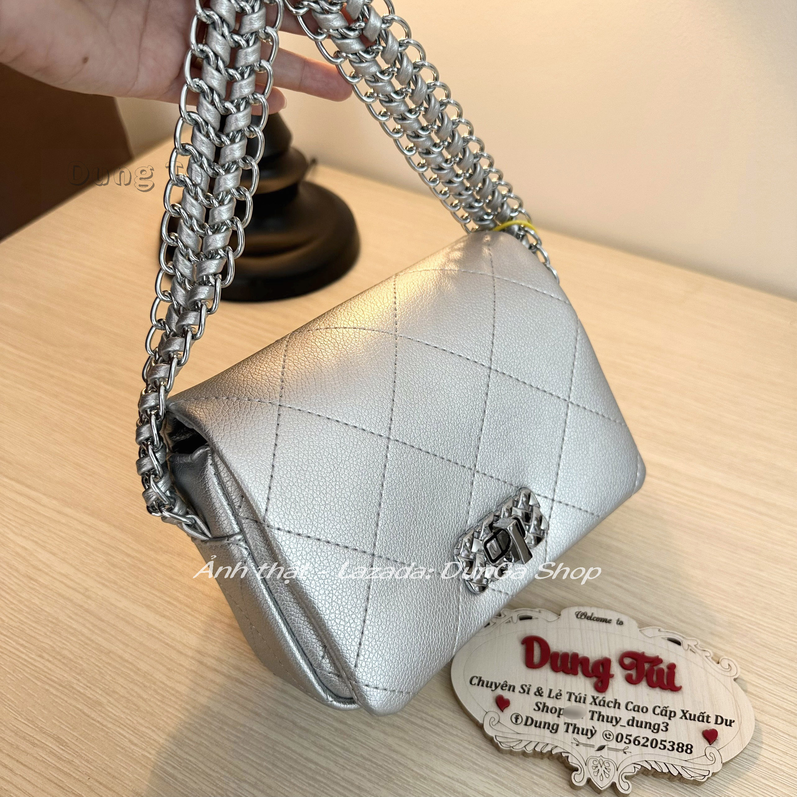 Túi nữ trám dây xích bảng to size 18 đeo vai khóa xoay chất da mềm full màu