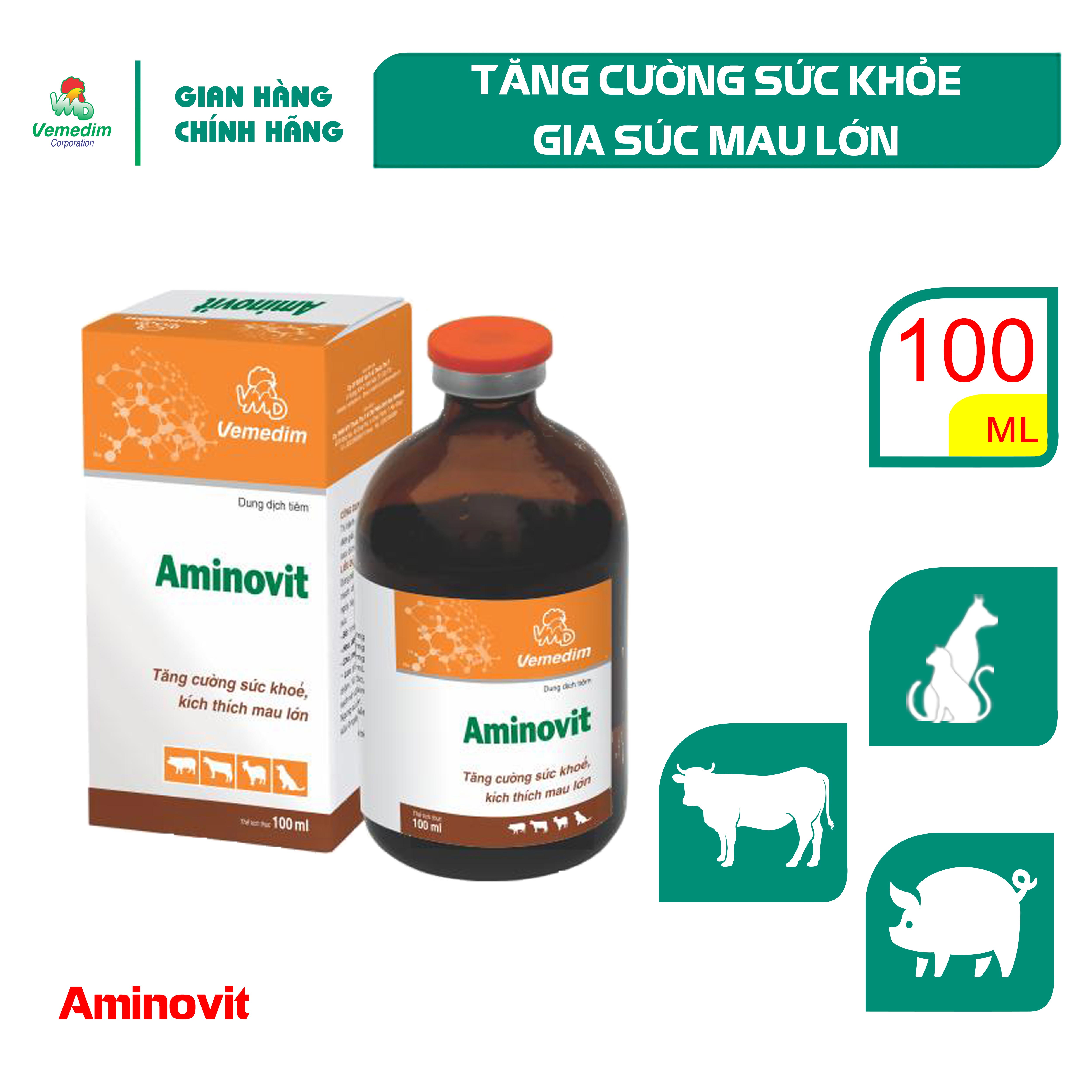 "Hoàn tiền đến 10%" Vemedim Aminovit dung dịch tiêm bổ sung điện giải cho chó, mèo và gia súc, chai 100ml