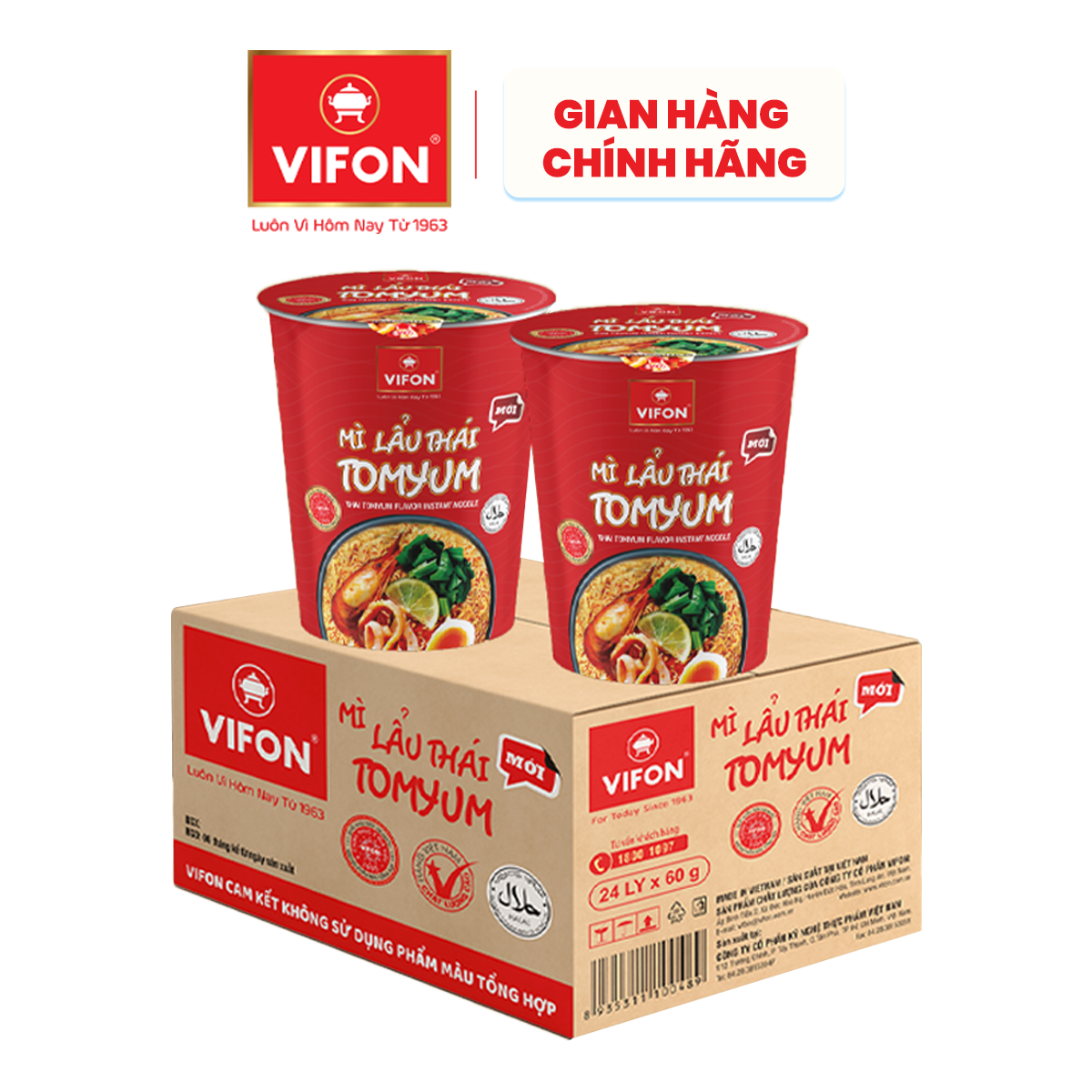 [VOUCHER đến 80K]-Thùng 24 ly Mì Ly Lẩu Thái Tomyum/KimChi/ Lẩu Thái Tôm/ Bò/ Gà/Vị Chay VIFON 60g / Ly