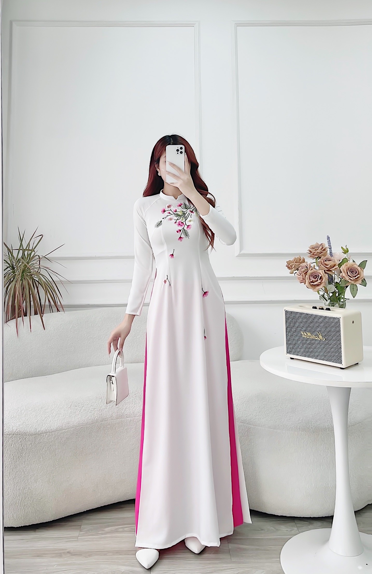 Áo dài áo dài cách tân lụa tây thi thêu thủ công MÃ TK13