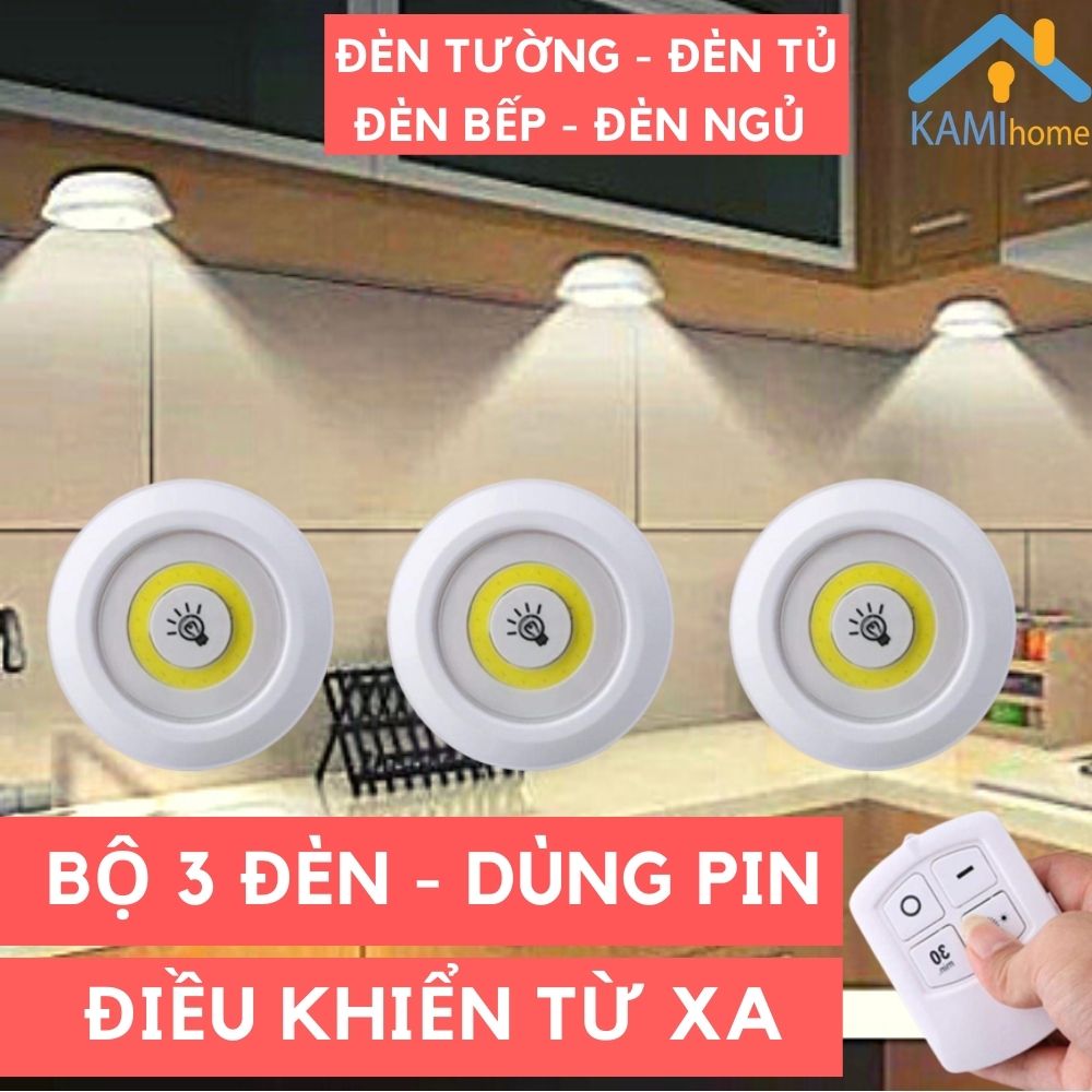 Bộ 3 đèn LED tròn có điều khiển dùng cho trang trí phòng ngủ cầu thang tủ bếp tủ quần áo mã 37000