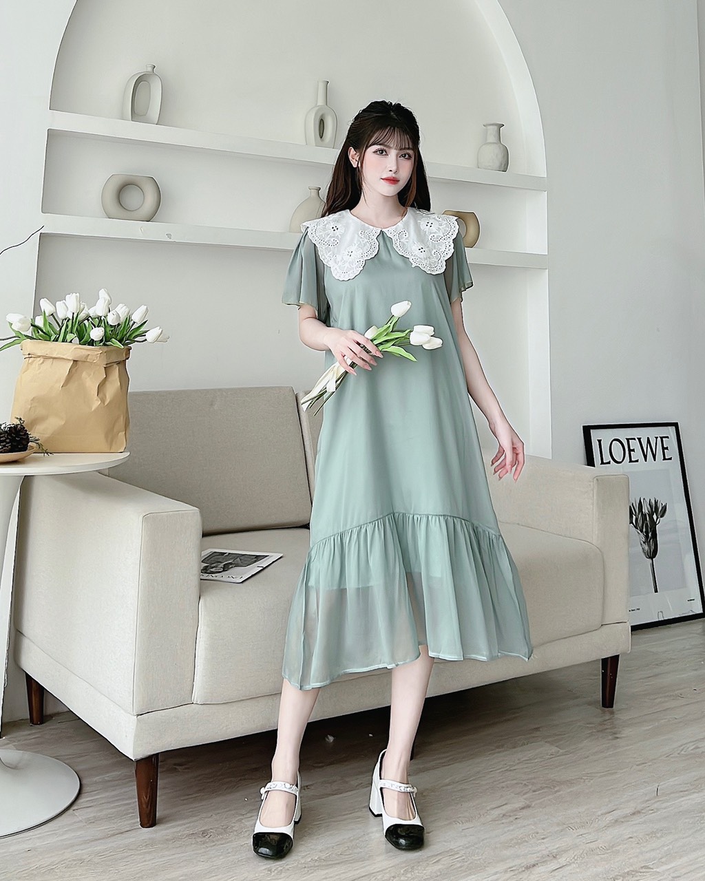 Váy Bầu, Đầm Bầu Tơ Lụa 2 Lớp Dáng Suông, Cổ Ren
