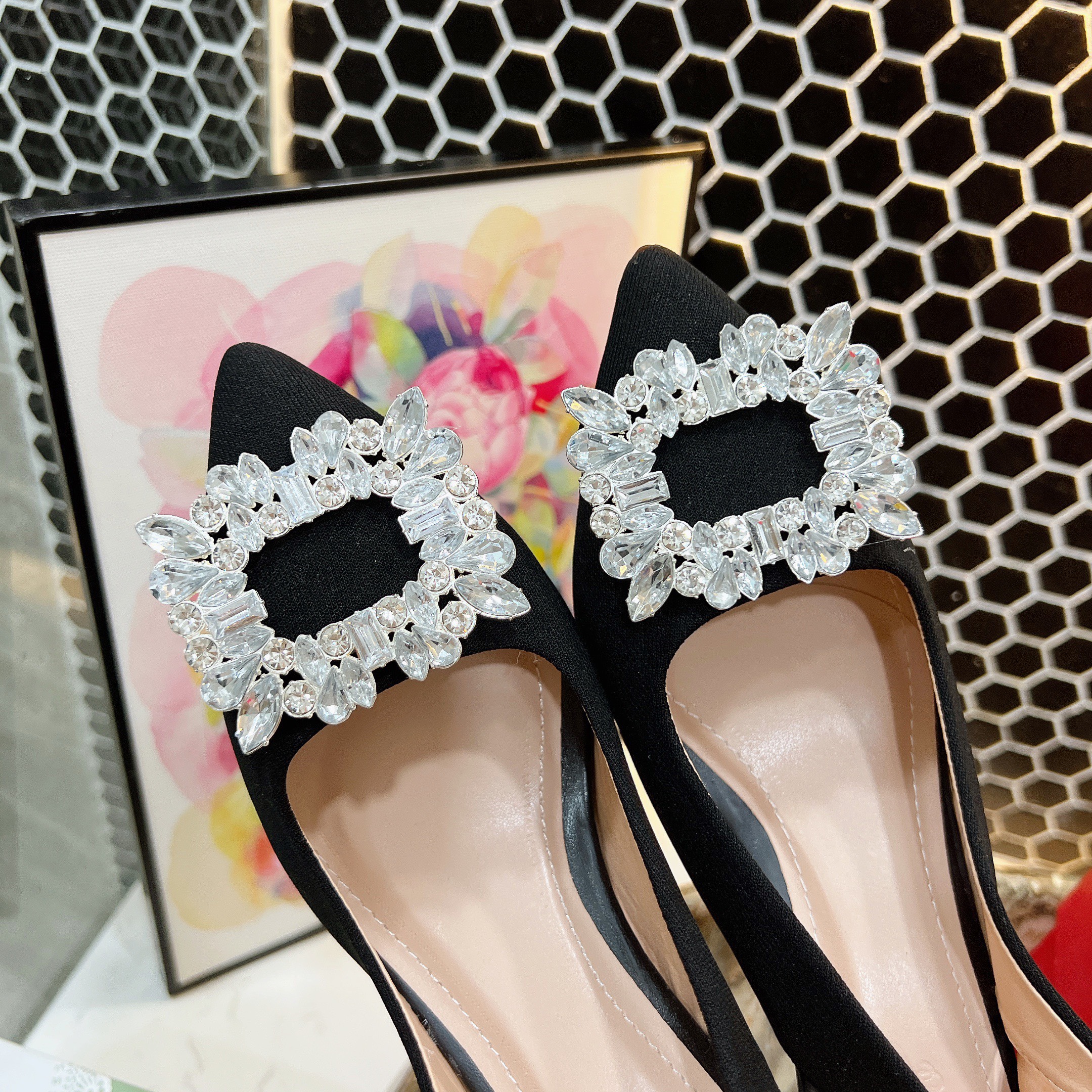 (size 36-40) GIÀY BÍT MŨI KHÓA VUÔNG ĐÍNH ĐÁ HỞ GÓT,  CAO 5CM