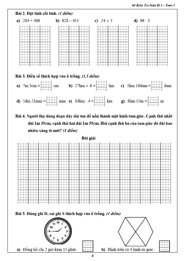Sách - Đề Kiểm Tra Toán 3 - Học Kì 1 (1 cuốn)