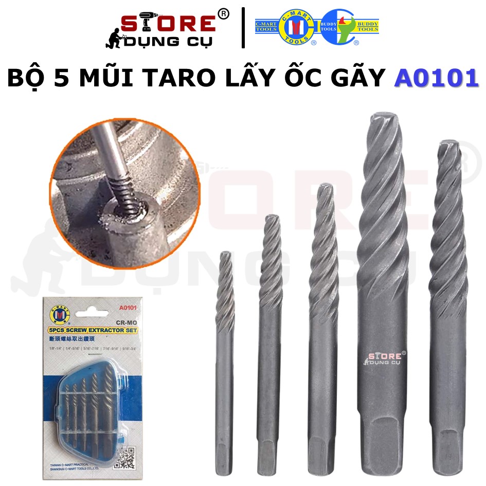 Bộ 5 Bộ taro ren trái nhổ ốc vít gãy cao cấp C-Mart A0101 dụng cụ mở ốc vít, mũi khoan lấy ốc gẫy vặn ngược chiều