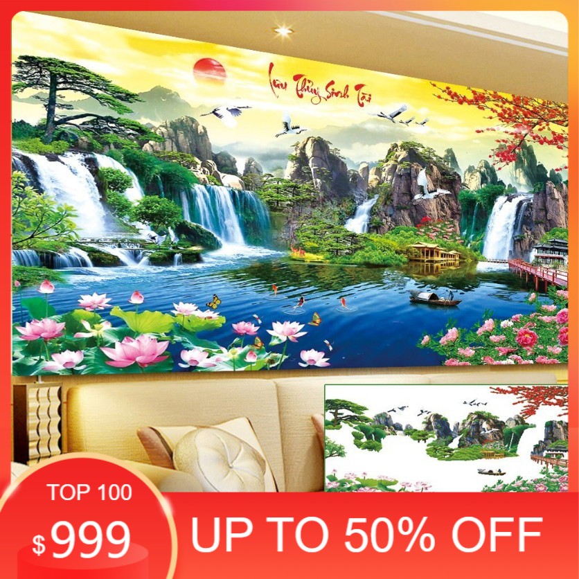 Tranh Đính Đá PHONG CẢNH LƯU THỦY SINH TÀI. Kích Thước: 1m2 x 65cm - 1m6 x 85cm - 2m x 90cm