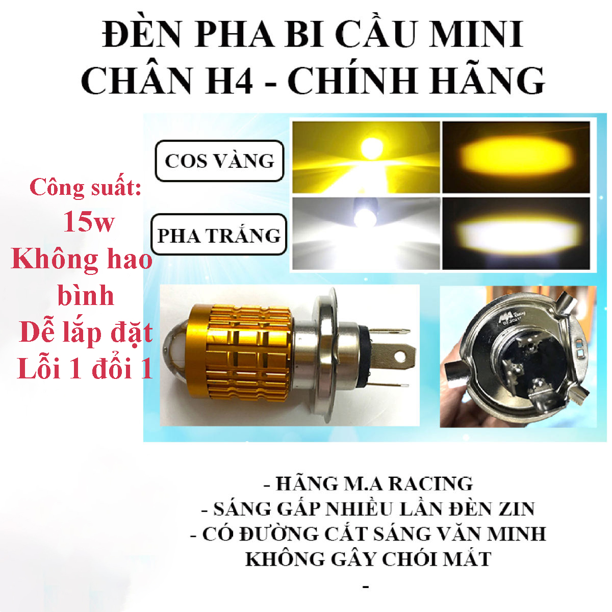 Đèn pha led xe máy cos vàng pha trắng siêu sáng