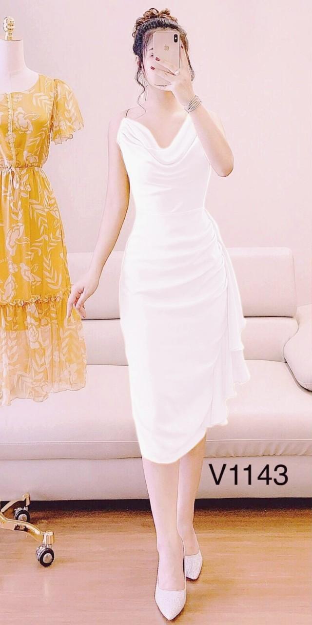 Đầm body cổ đổ tà bèo umi dày mịn-QH